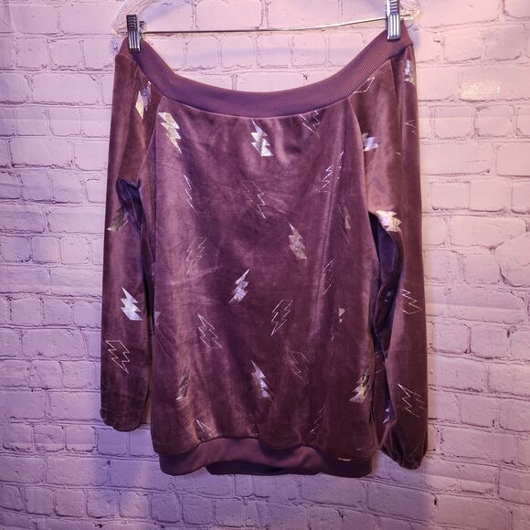 Material Girl Sweater Womens Medium Plum Velour Off The Shoulder Madonna - Picture 2 of 8